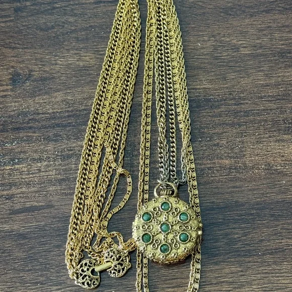 Vintage Goldette NY Multi-strand Necklace Locket Pill Box Gold With Gems - Picture 1 of 9